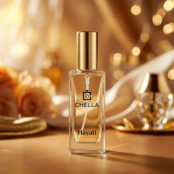Chella Hayati perfume bottle on a decorative table with warm lighting