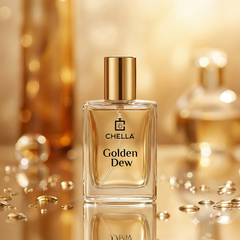 Chella Golden Dew perfume bottle on a reflective gold surface with blurred background