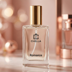 Chella Romance perfume bottle with a gold cap on a reflective surface.