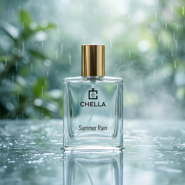 Chella Summer Rain perfume bottle on a reflective surface with a blurred natural background