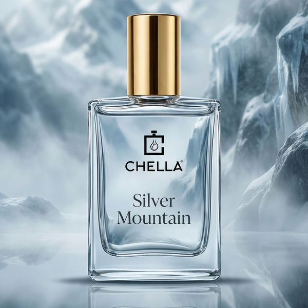 Chella Silver Mountain perfume bottle against a mountainous background