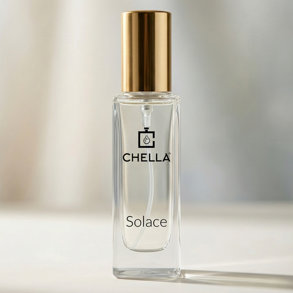 Chella Solace perfume bottle with gold cap on a neutral background