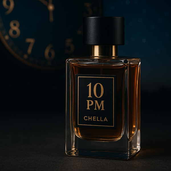 Perfume bottle labeled '10 PM Chella' with a clock in the background