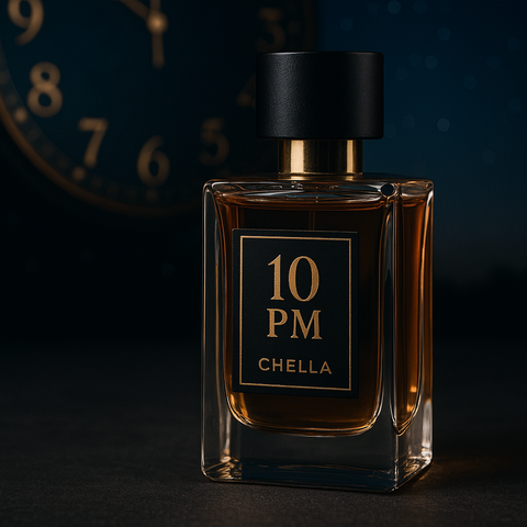 Perfume bottle labeled '10 PM Chella' with a clock in the background