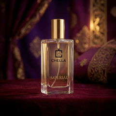 Chella Imperial perfume bottle on a red surface with a decorative background