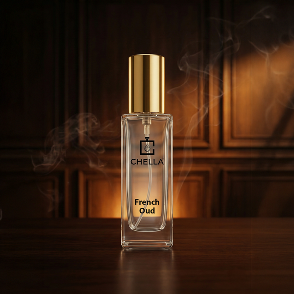 Chella French Oud perfume bottle with gold cap on a dark background