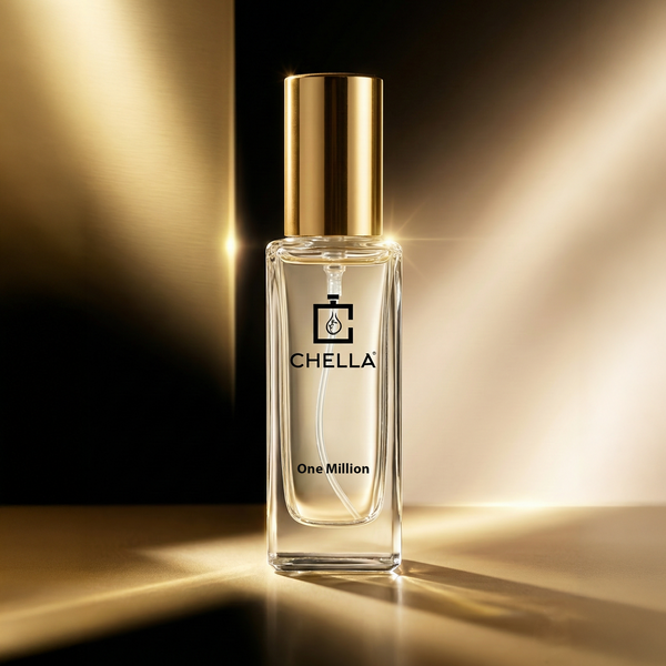 Chella perfume bottle with gold cap on a dark background