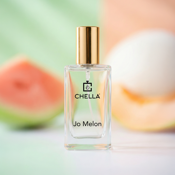 Chella Jo Melon perfume bottle with a watermelon in the background