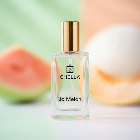Chella Jo Melon perfume bottle with a watermelon in the background