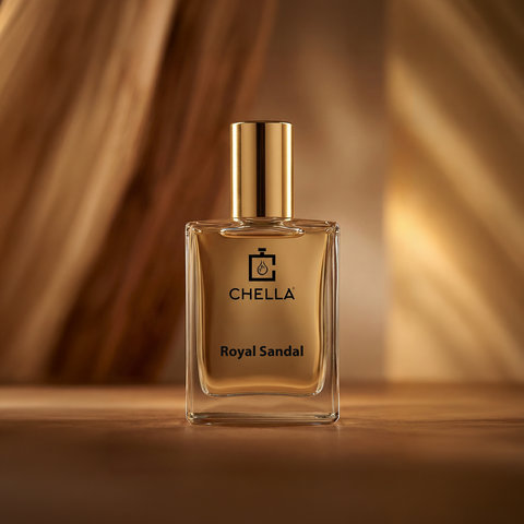 Chella Royal Sandal perfume bottle on a wooden surface with a warm brown background