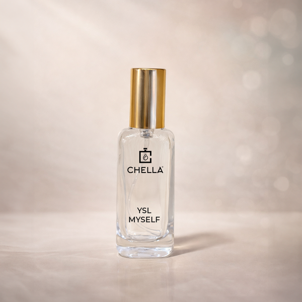 Perfume bottle with gold cap and 'Chella' branding on a beige background