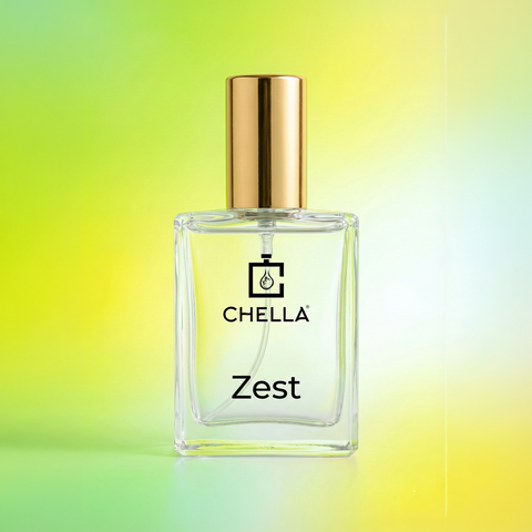 Chella Zest perfume bottle on a gradient yellow and green background