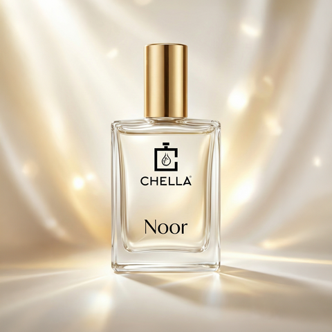Chella Noor perfume bottle on a soft, blurred background