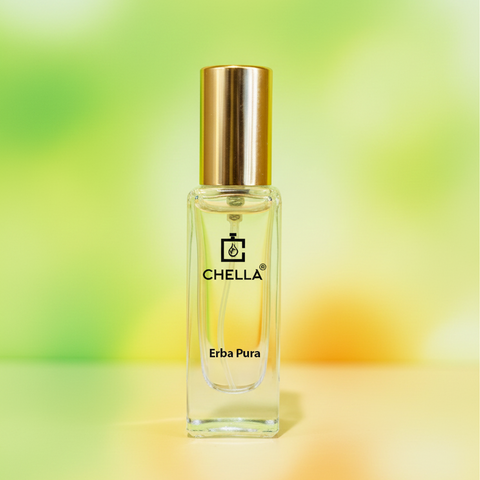 Chella Erba Pura perfume bottle on a colorful blurred background