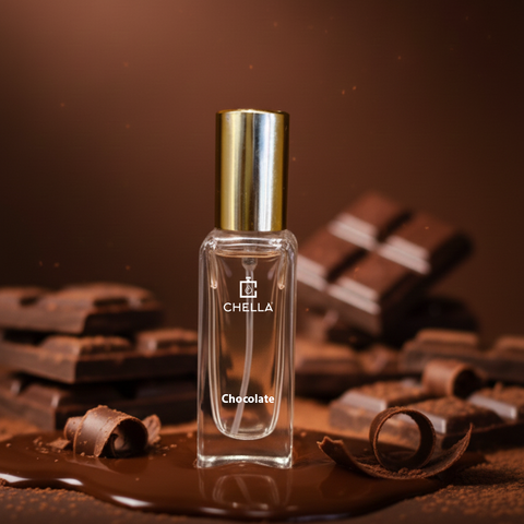 Chella Chocolate perfume bottle on a chocolate background
