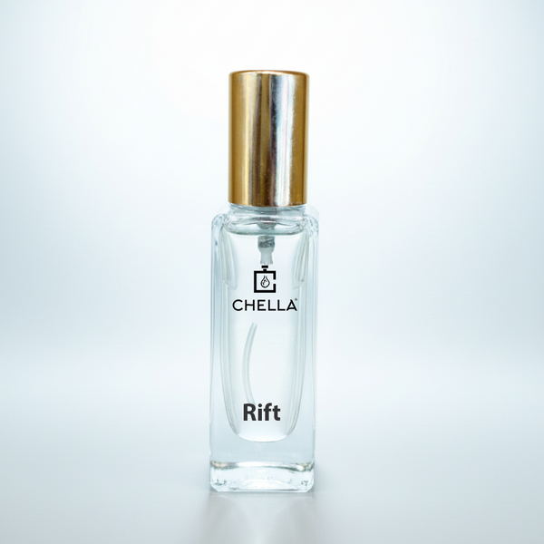 Perfume bottle labeled 'Chella Rift' on a light gray background