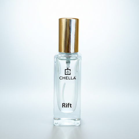 Perfume bottle labeled 'Chella Rift' on a light gray background