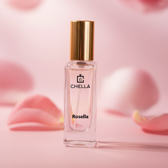 Chella Rosella perfume bottle with pink floral background