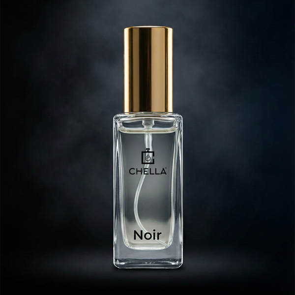 Perfume bottle labeled 'Chella Noir' with a gold cap on a dark background