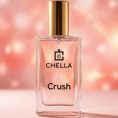 Chella Crush perfume bottle on a soft pink background