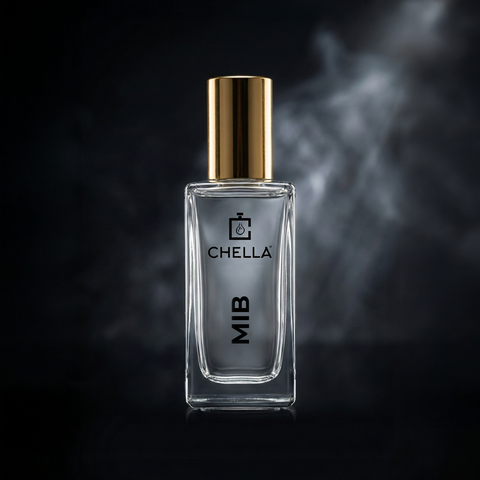 Chella MIB perfume bottle with gold cap on a dark background