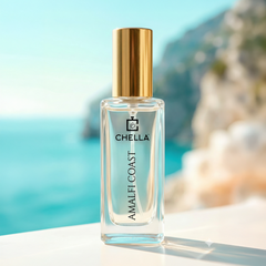 Chella Amalfi Coast perfume bottle with a scenic background