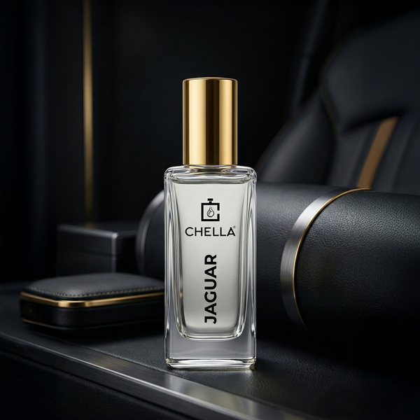 Jaguar perfume bottle on a dark surface with a blurred background