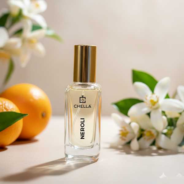 Chella Neroli perfume bottle with oranges and flowers on a light background
