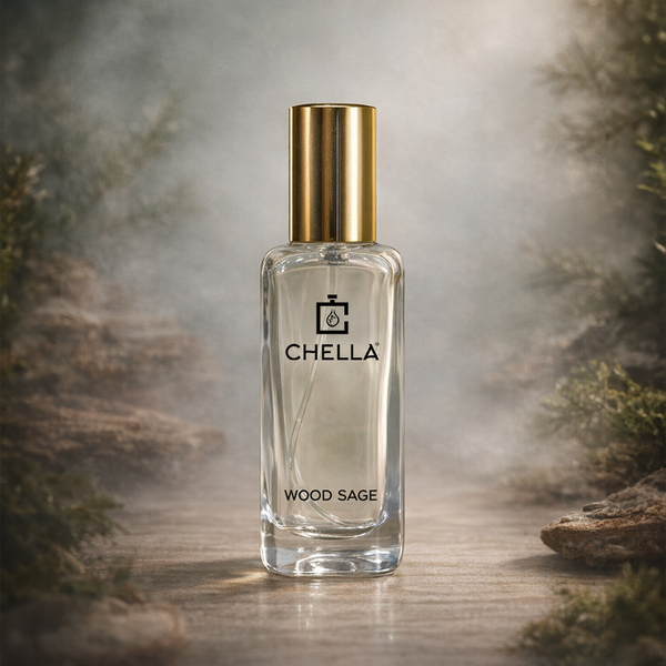 Chella Wood Sage perfume bottle with a gold cap on a natural background