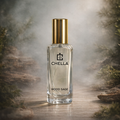 Chella Wood Sage perfume bottle with a gold cap on a natural background