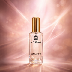 Chella Sensation perfume bottle on a pink background