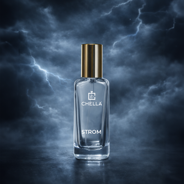 Chella Strom perfume bottle against a dark, cloud-like background