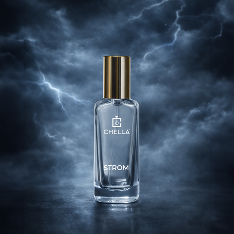 Chella Strom perfume bottle against a dark, cloud-like background