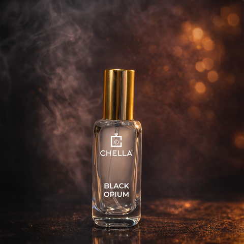 Chella Black Opium perfume bottle on a dark background