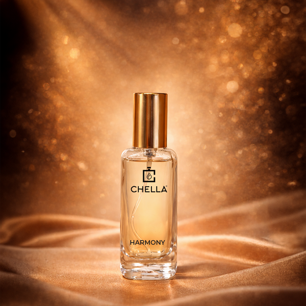 Chella Harmony perfume bottle on a textured gold surface with a warm glow