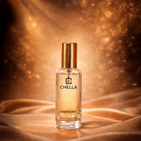 Chella Harmony perfume bottle on a textured gold surface with a warm glow
