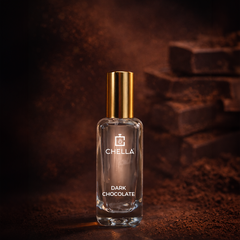 Chella Dark Chocolate perfume bottle with a dark chocolate background
