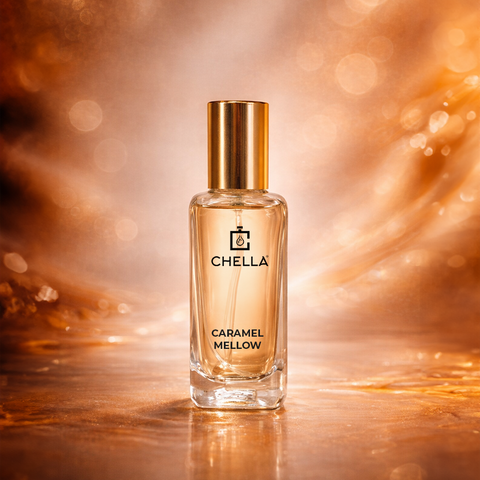 Chella Caramel Mellow perfume bottle on a reflective surface with a warm, blurred background