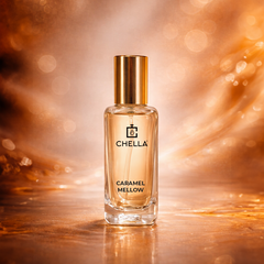 Chella Caramel Mellow perfume bottle on a reflective surface with a warm, blurred background