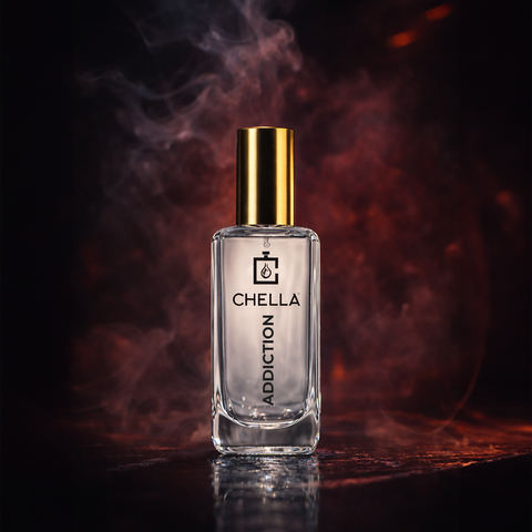 Chella Addiction perfume bottle with gold cap on a dark background with smoke effects
