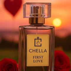 Chella First Love perfume bottle with a heart and sunset in the background