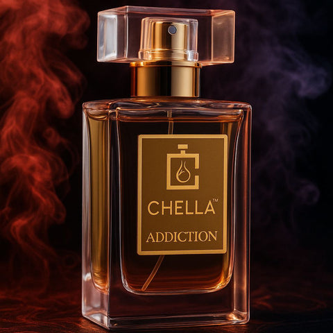 Chella Addiction perfume bottle with smoke effects on a dark background