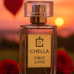 Perfume bottle labeled 'Chella First Love' with a heart and sunset background
