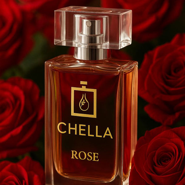 Chella Rose perfume bottle surrounded by red roses on a dark background