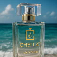 Chella Aqua Di Gio perfume bottle on a rock with ocean background