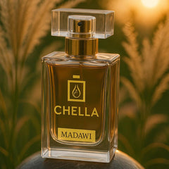 Chella Madawi perfume bottle on a dark surface with a blurred natural background