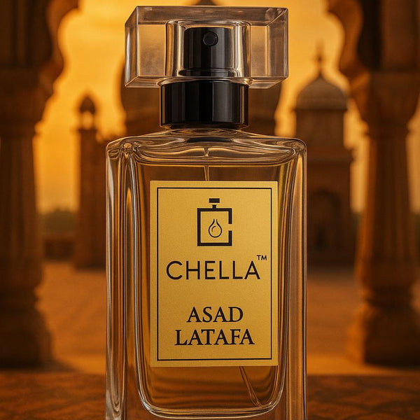 Chella Asad Latafa perfume bottle with a warm, blurred background