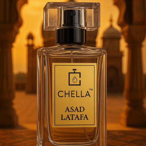 Chella Asad Latafa perfume bottle with a warm, blurred background