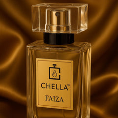 Chella Faiza perfume bottle on a brown satin background