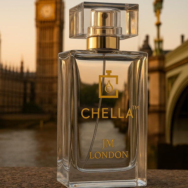 Chella JM London perfume bottle with a blurred background of a clock tower.